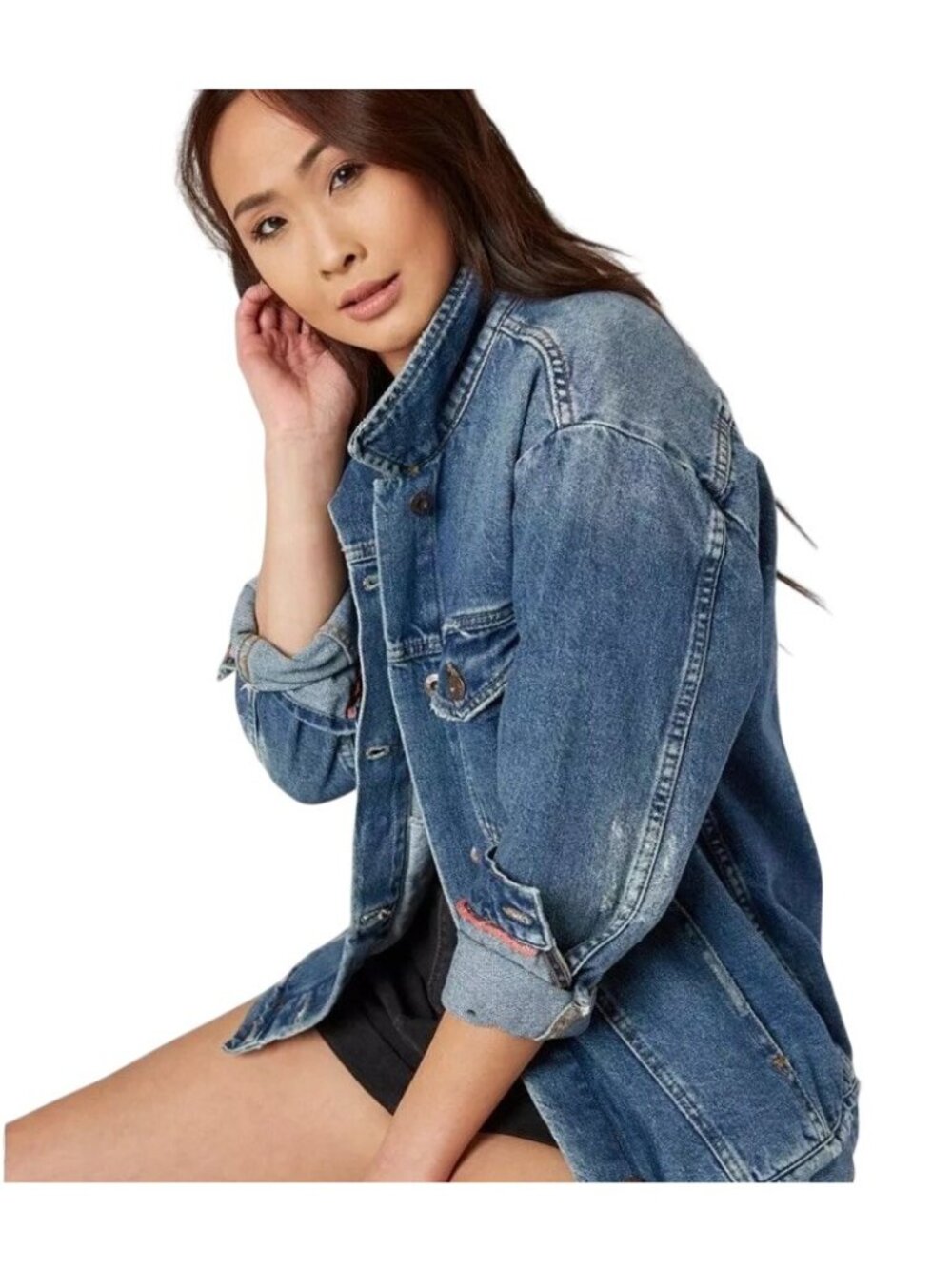 Free People Trucker Jacket Womens Size Small Blue Denim Distressed Oversized